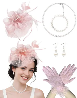 5 Pack Fascinators Hat for Women Tea Party Veil Mesh Headband Feather Derby Hat Lace Gloves Pearl Jewelry Set for 1920s Party