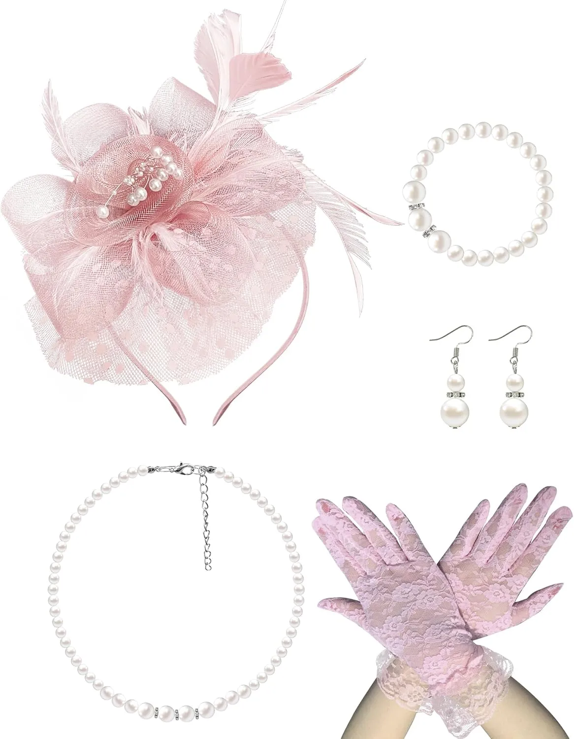 5 Pack Fascinators Hat for Women Tea Party Veil Mesh Headband Feather Derby Hat Lace Gloves Pearl Jewelry Set for 1920s Party