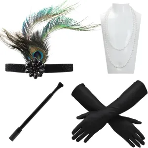 5 Pcs Retro Flapper Set  1920S WomenS Accessories Kit With Faux Pearl Necklace, Feather Headpiece, Long Gloves, And Smoking Stick