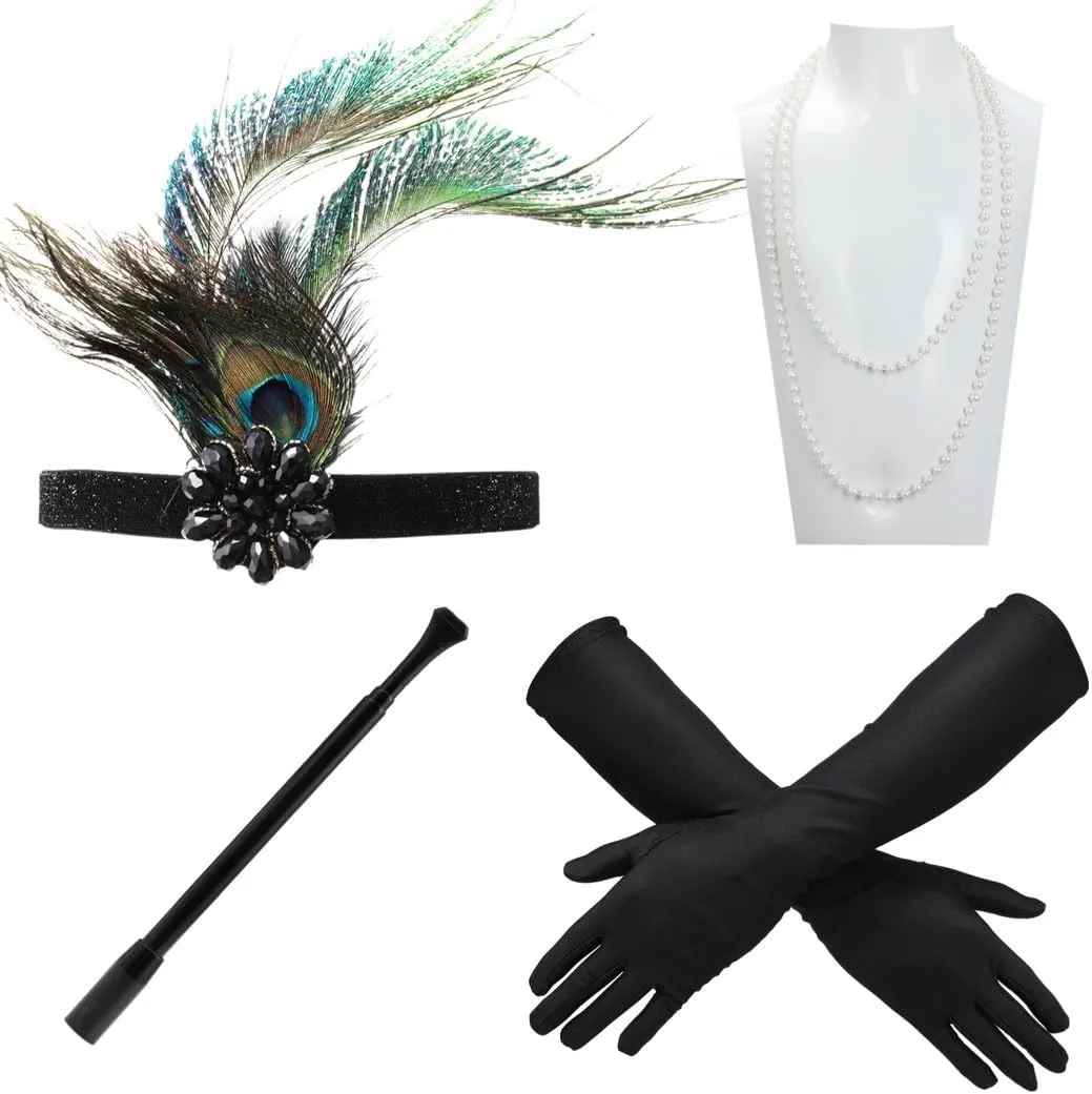 5 Pcs Retro Flapper Set  1920S WomenS Accessories Kit With Faux Pearl Necklace, Feather Headpiece, Long Gloves, And Smoking Stick