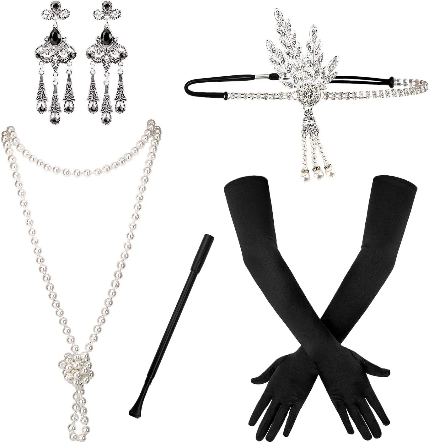 5pcs 1920s Flapper Accessories 20s Gatsby Costume Accessories Set for Women Headband Earrings Pearl Necklace Gloves Holder