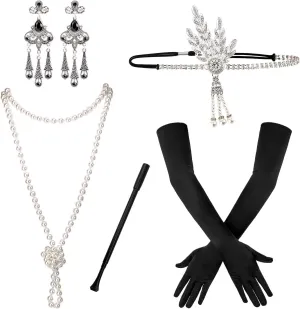 5pcs 1920s Flapper Accessories 20s Gatsby Costume Accessories Set for Women Headband Earrings Pearl Necklace Gloves Holder