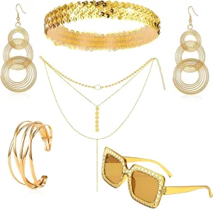 5Pcs 70s Gold Women Disco Accessories, 1970s Disco Costume Accessories Drop Earrings Multi-Layered Necklace Bracelet Diamond-Studded Eyewear Piece Headdress (For Party Cosplay)