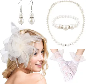 5Pcs Fascinator Hat for Womens Headpiece Tea Party with Pearl Lace Gloves Set 20s Vintage Hair Accessories for Wedding