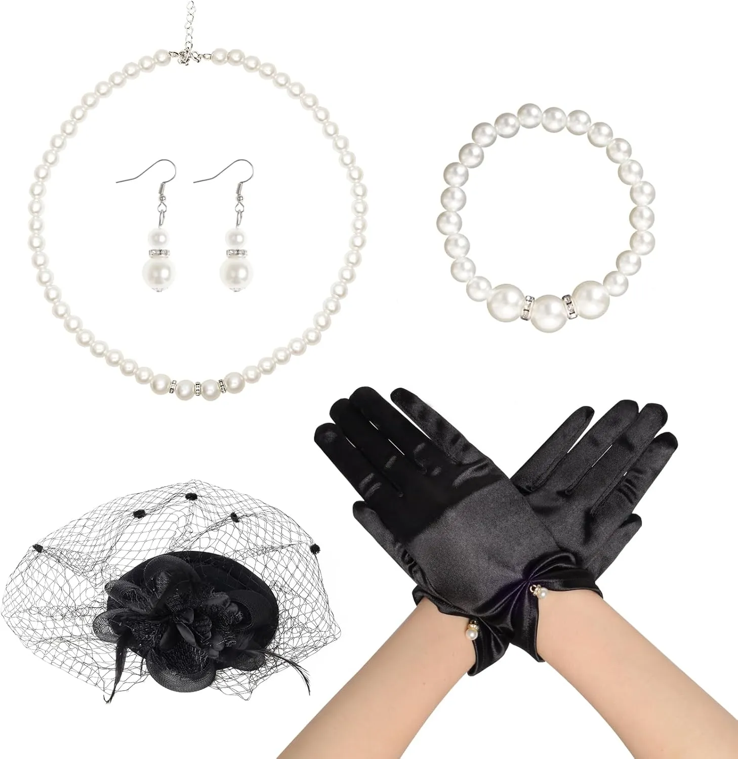 5Pcs Fascinators for Women Tea Party Feathers Fascinator Hat for Women Tea Party Hat Velvet Gloves and Pearl Jewerly Set