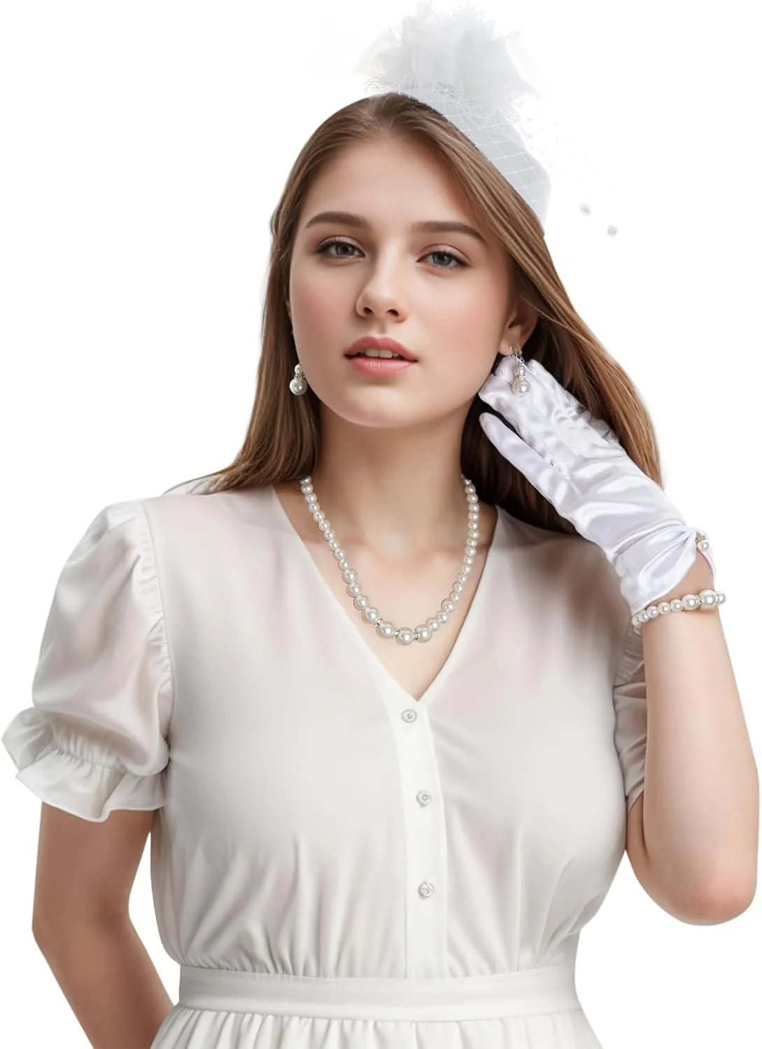 5Pcs Fascinators for Women Tea Party Feathers Fascinator Hat for Women Tea Party Hat Velvet Gloves and Pearl Jewerly Set