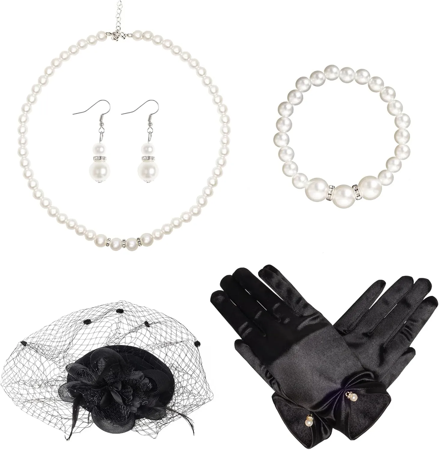 5Pcs Fascinators for Women Tea Party Feathers Fascinator Hat for Women Tea Party Hat Velvet Gloves and Pearl Jewerly Set