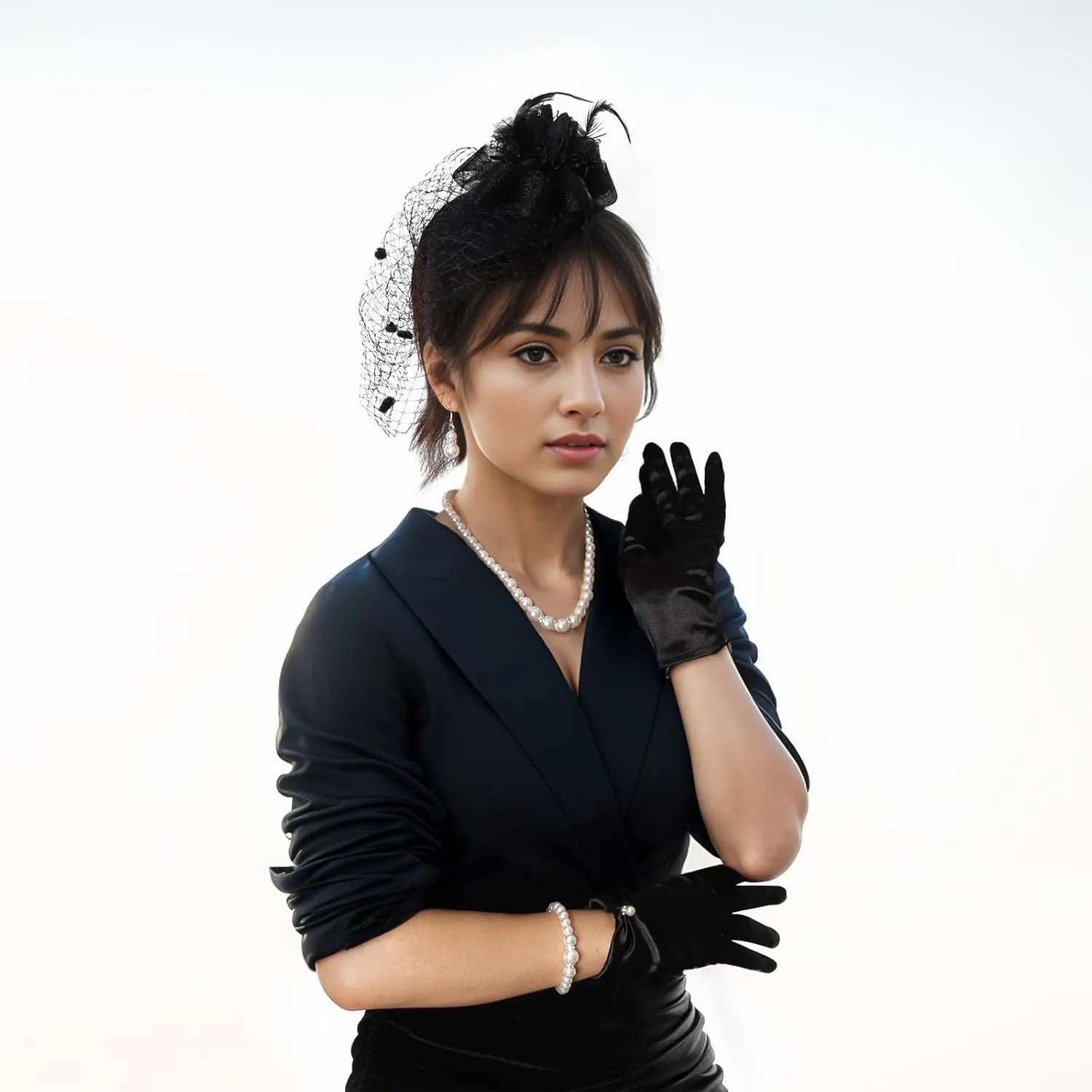 5Pcs Fascinators for Women Tea Party Feathers Fascinator Hat for Women Tea Party Hat Velvet Gloves and Pearl Jewerly Set