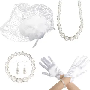5Pcs Fascinators for Women Tea Party Feathers Fascinator Hat for Women Tea Party Hat Velvet Gloves and Pearl Jewerly Set
