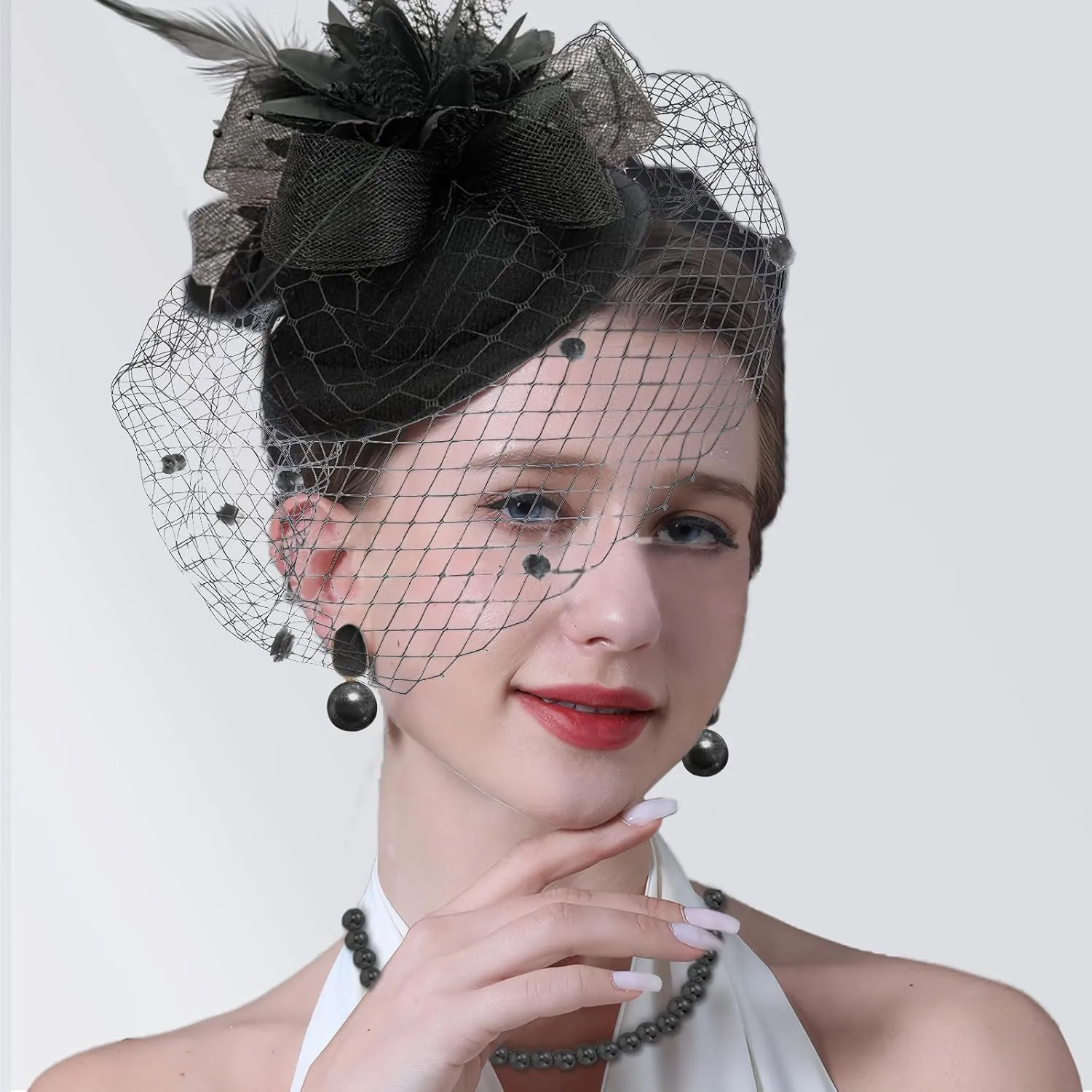 5Pcs Tea Party Accessories for Women 1920s Fascinators Hats for Women with Tea Party Hat Lace Gloves Socks Pearl Jewelry Set
