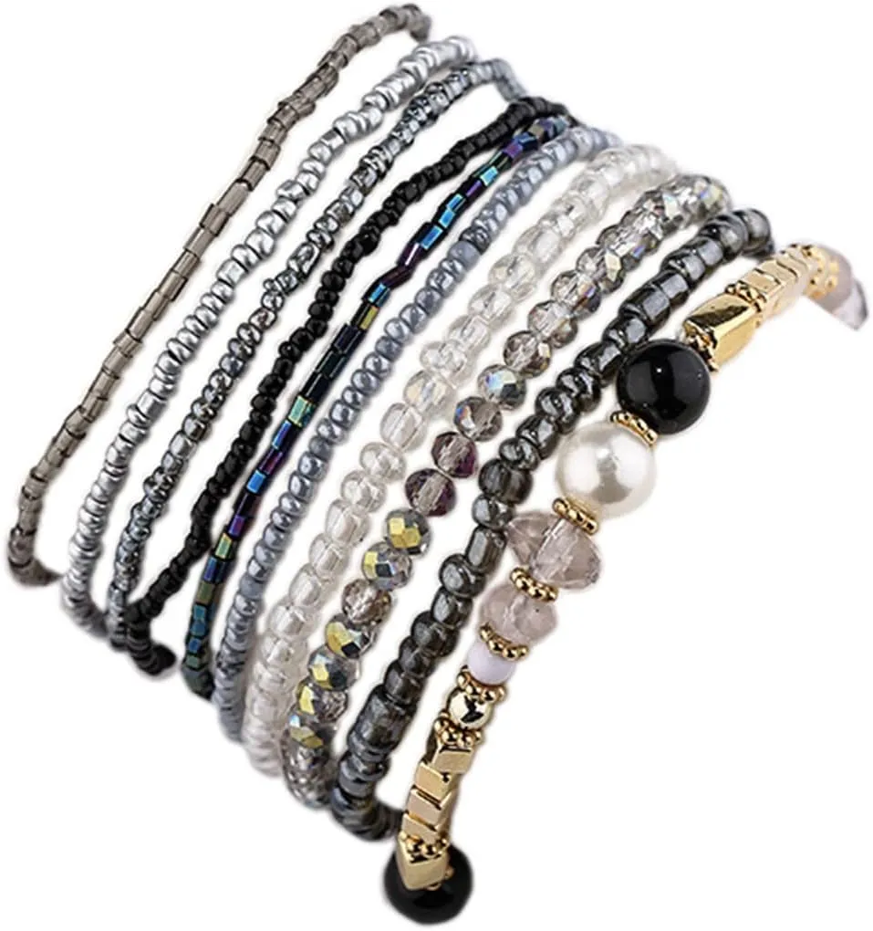 6-10Pcs Bohemian Stackable Beaded Bracelet Set for Women Friend Boho Layered Faux Pearl Crystal Seed Stretchy Strand Statement Bracelet Multicolor Holiday Jewelry Birthday Gift