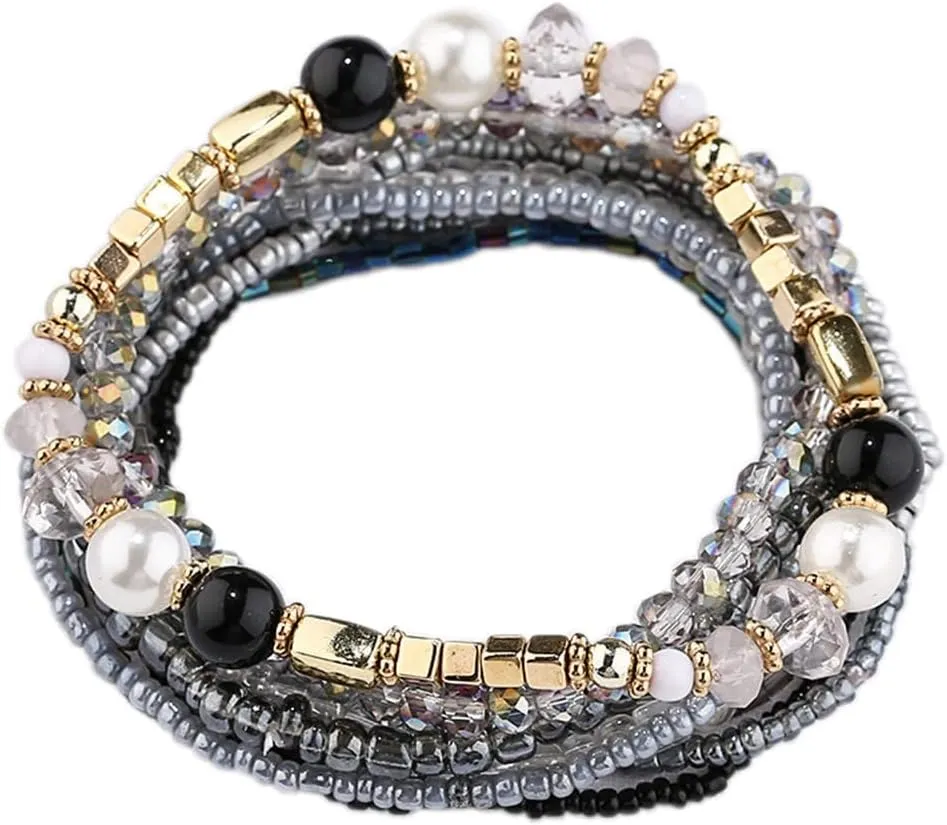 6-10Pcs Bohemian Stackable Beaded Bracelet Set for Women Friend Boho Layered Faux Pearl Crystal Seed Stretchy Strand Statement Bracelet Multicolor Holiday Jewelry Birthday Gift