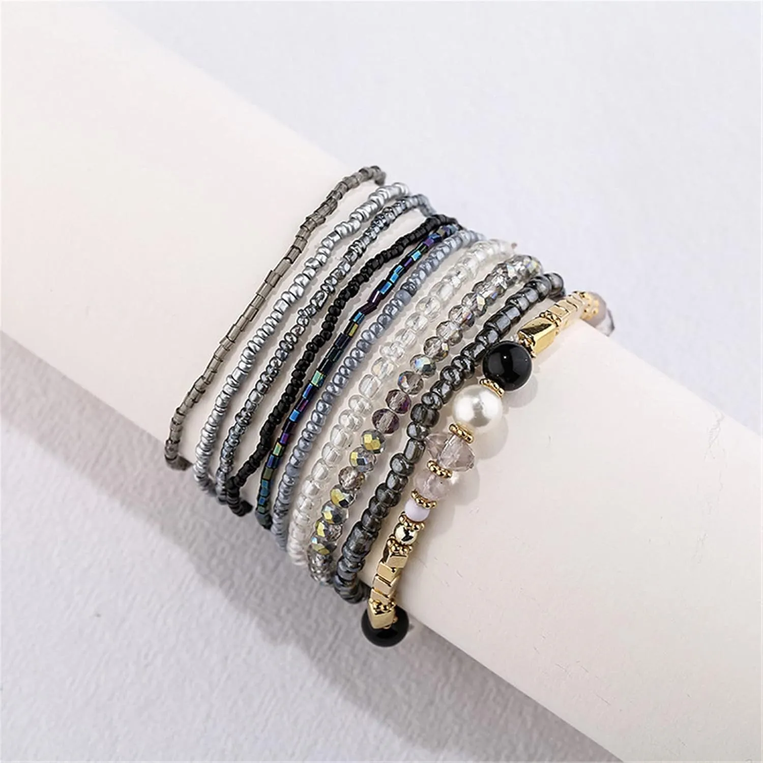 6-10Pcs Bohemian Stackable Beaded Bracelet Set for Women Friend Boho Layered Faux Pearl Crystal Seed Stretchy Strand Statement Bracelet Multicolor Holiday Jewelry Birthday Gift