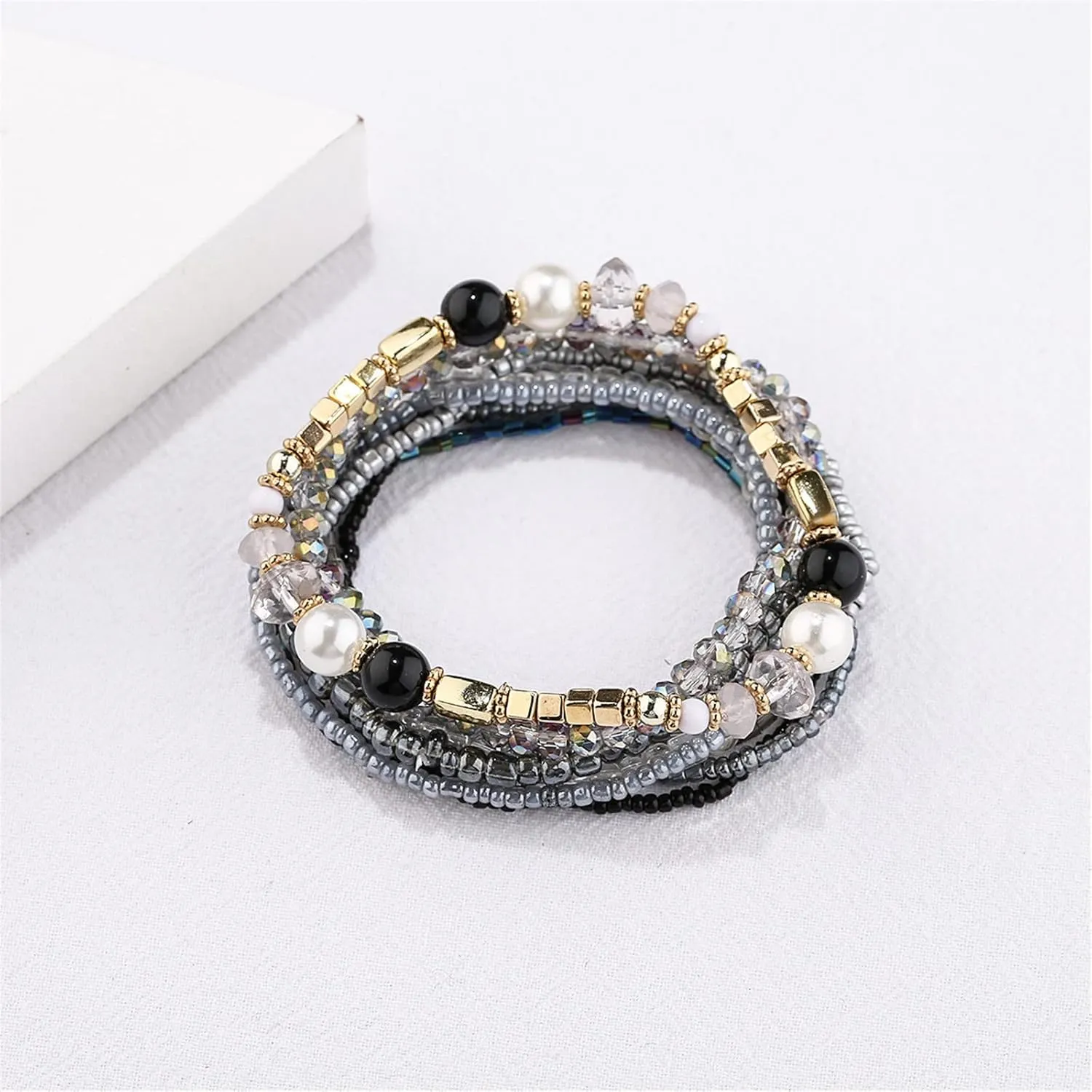 6-10Pcs Bohemian Stackable Beaded Bracelet Set for Women Friend Boho Layered Faux Pearl Crystal Seed Stretchy Strand Statement Bracelet Multicolor Holiday Jewelry Birthday Gift