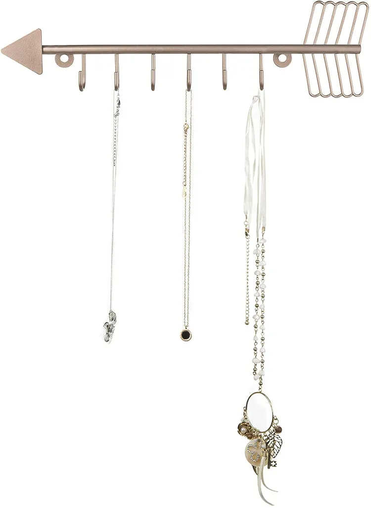 6-Hook, Rose Gold-Tone Arrow-Shaped Necklace Rack, Key Holder