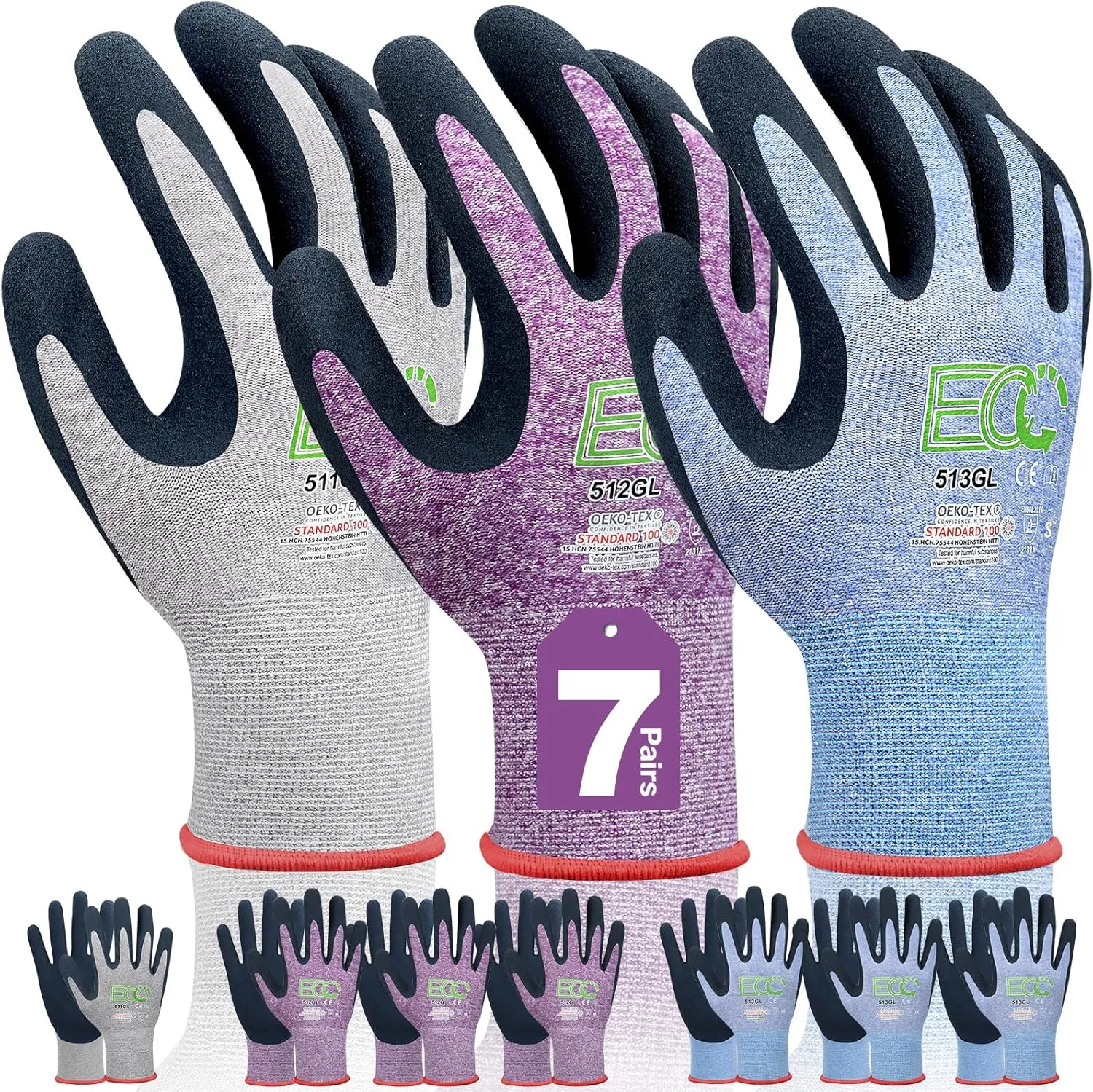 7 Pairs Women Gardening Gloves, EN388 2131X Outdoor Protective Work Gloves with Breathable Micro-Foam Coating for Gardening, General Purpose, Courtyard, 3 Purple   3Blue  1 Grey