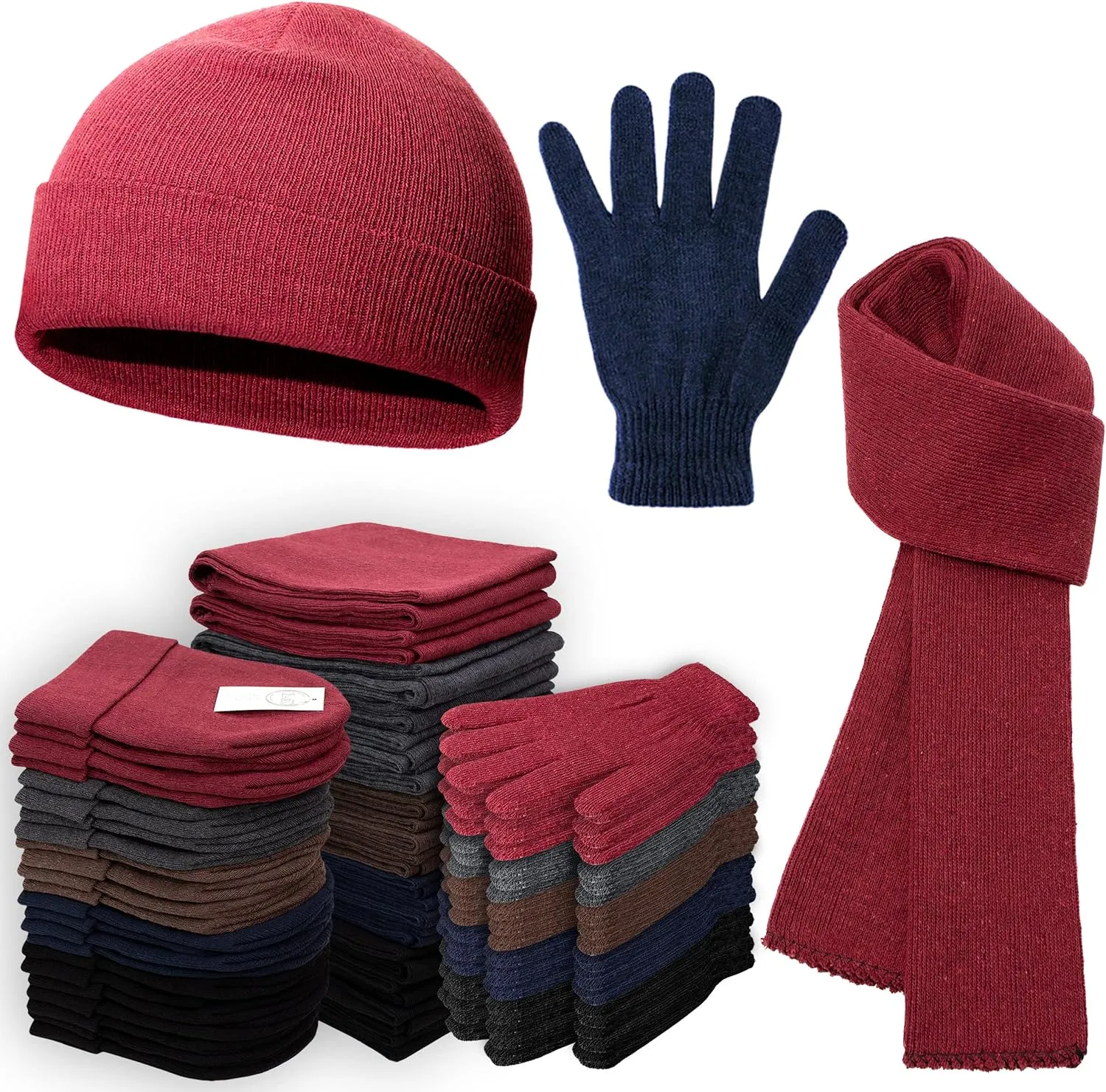 72-Pack Gloves, Scarves, and Beanies - Bulk 24 Glove Pairs, 24 Scarves, 24 Beanies - Bulk Supplies for Cold Weather, Emergencies, Homeless, Charity
