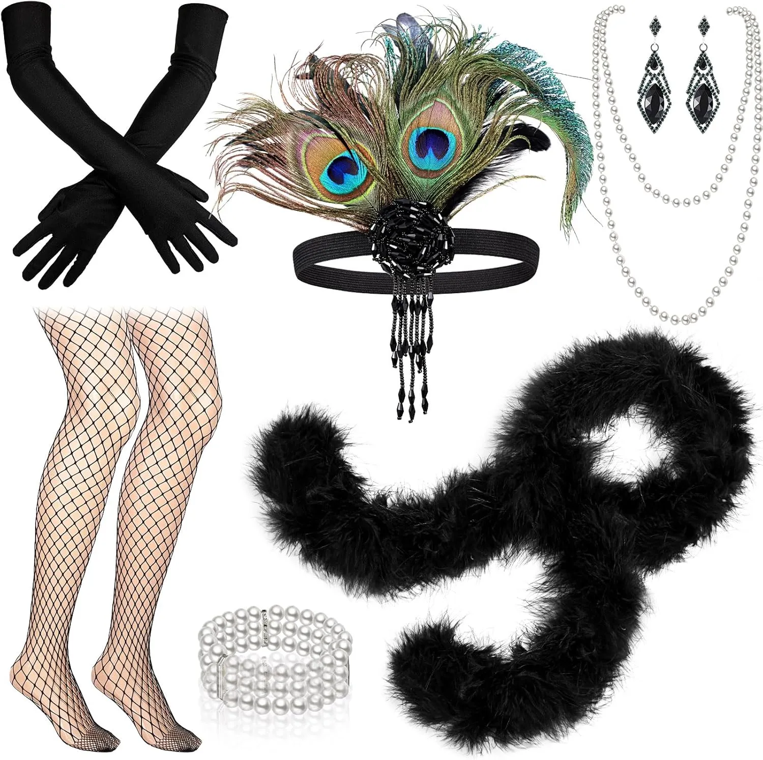 8 Pcs 1920s Accessories Feather Headband Necklace Gloves Scarf Fishnet Stockings Flapper Costume Accessories Set for Women