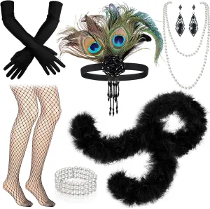 8 Pcs 1920s Accessories Feather Headband Necklace Gloves Scarf Fishnet Stockings Flapper Costume Accessories Set for Women