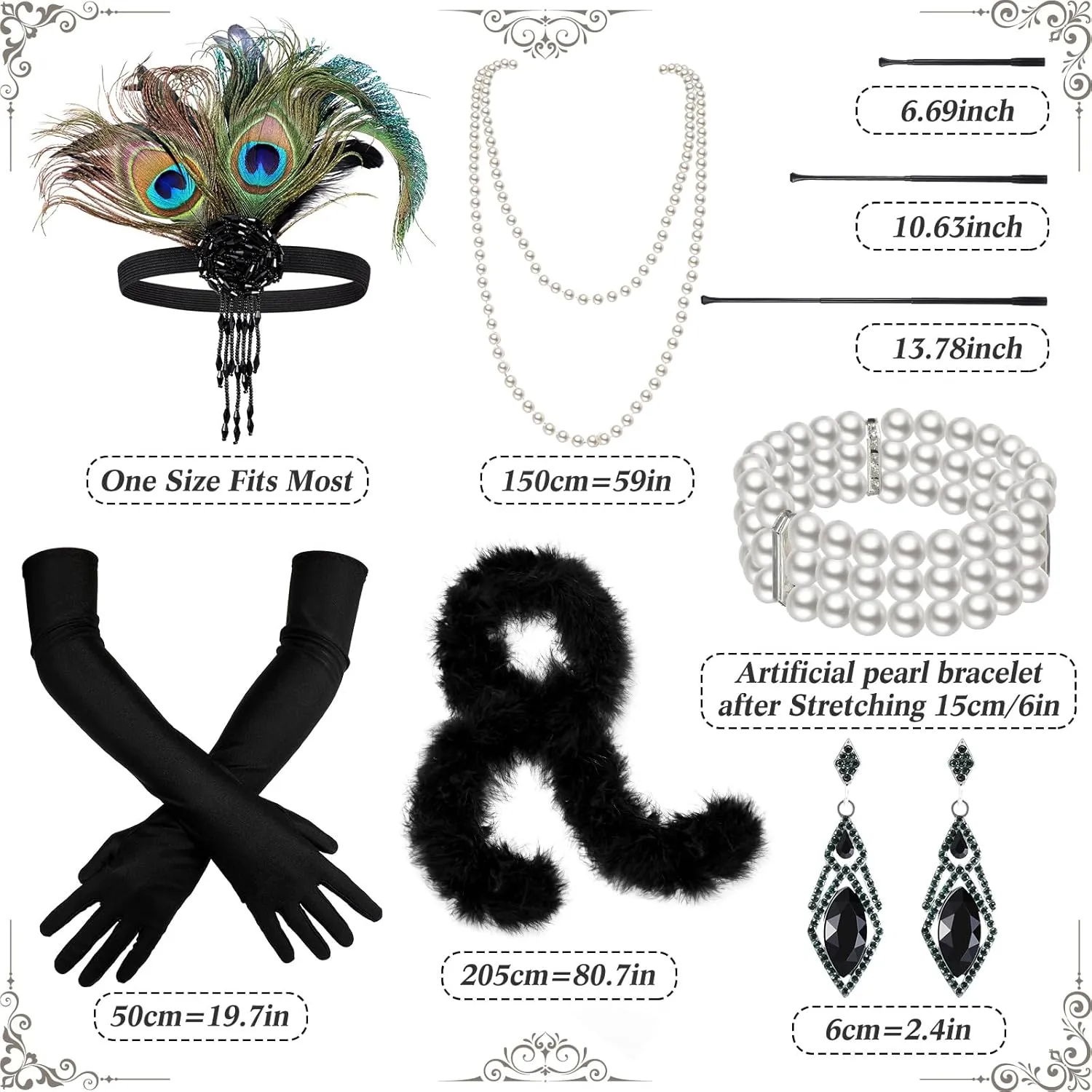 8 Pcs 1920s Accessories Feather Headband Necklace Gloves Scarf Fishnet Stockings Flapper Costume Accessories Set for Women