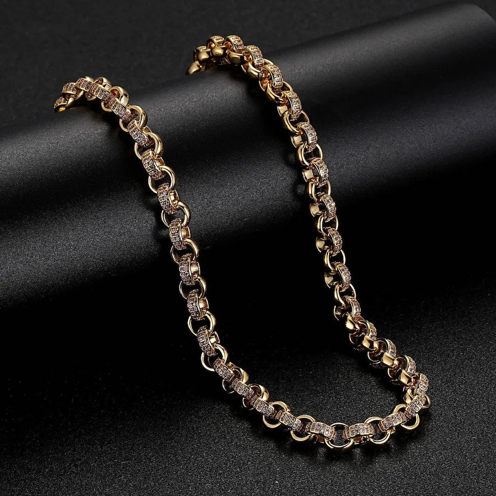 8mm Gold Belcher Chain Pink Stones 18 Inch