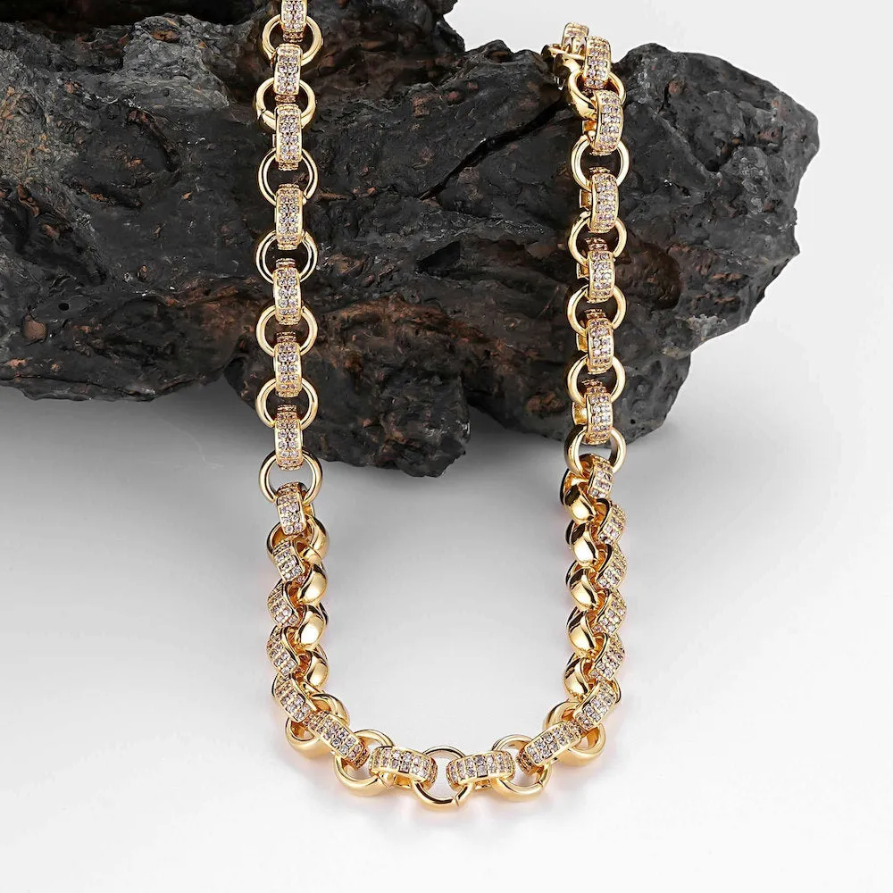 8mm Gold Belcher Chain Pink Stones 18 Inch