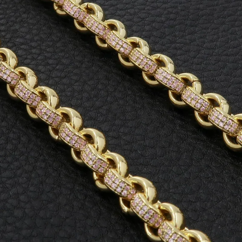 8mm Gold Belcher Chain Pink Stones 18 Inch