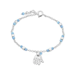 925 Sterling Silver Blue Opal Bracelet - 3mm Round Beads Blue Opal Bracelets for Women - Hamsa Sterling Silver Charm - Adjustable Chain 16-18cm Length - Perfect Gift, Anniversary Bracelet for Women