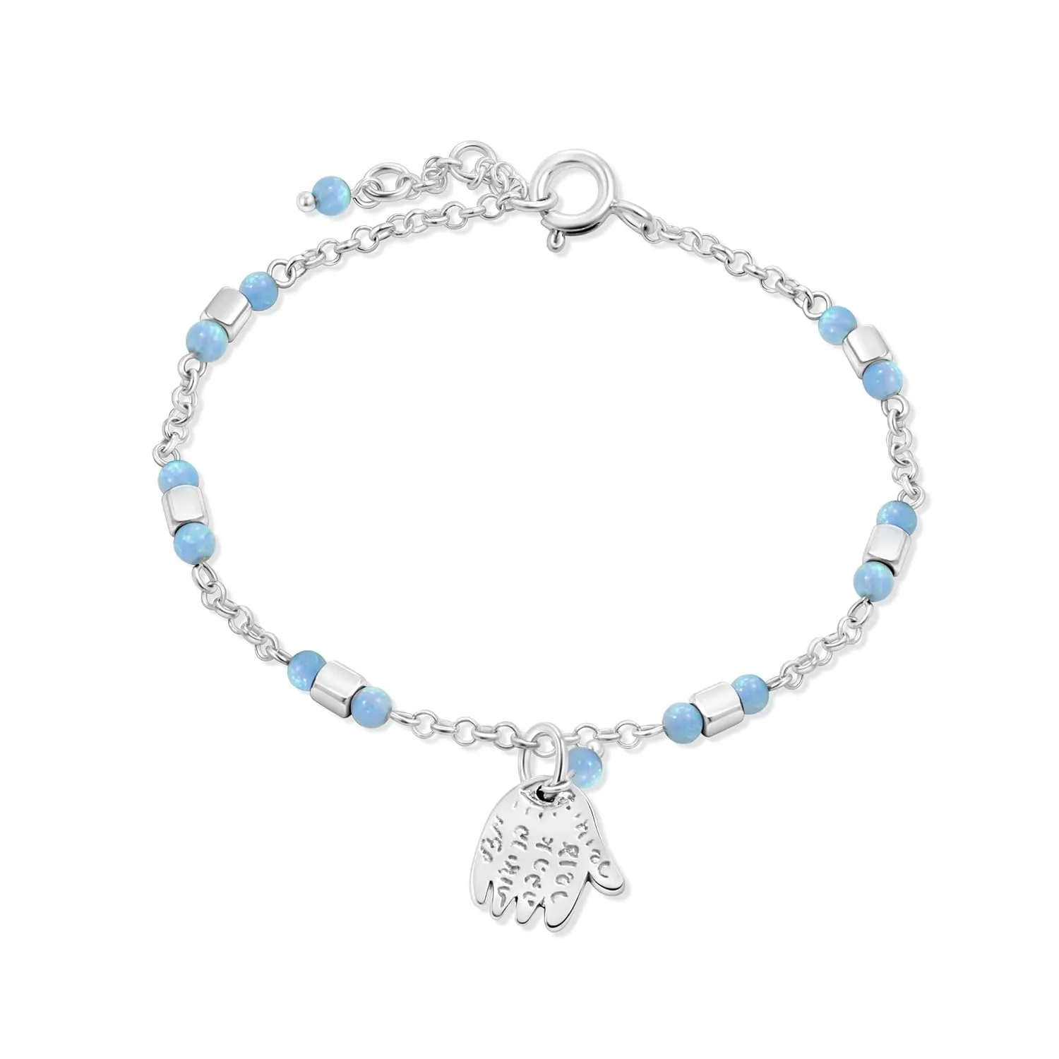 925 Sterling Silver Blue Opal Bracelet - 3mm Round Beads Blue Opal Bracelets for Women - Hamsa Sterling Silver Charm - Adjustable Chain 16-18cm Length - Perfect Gift, Anniversary Bracelet for Women