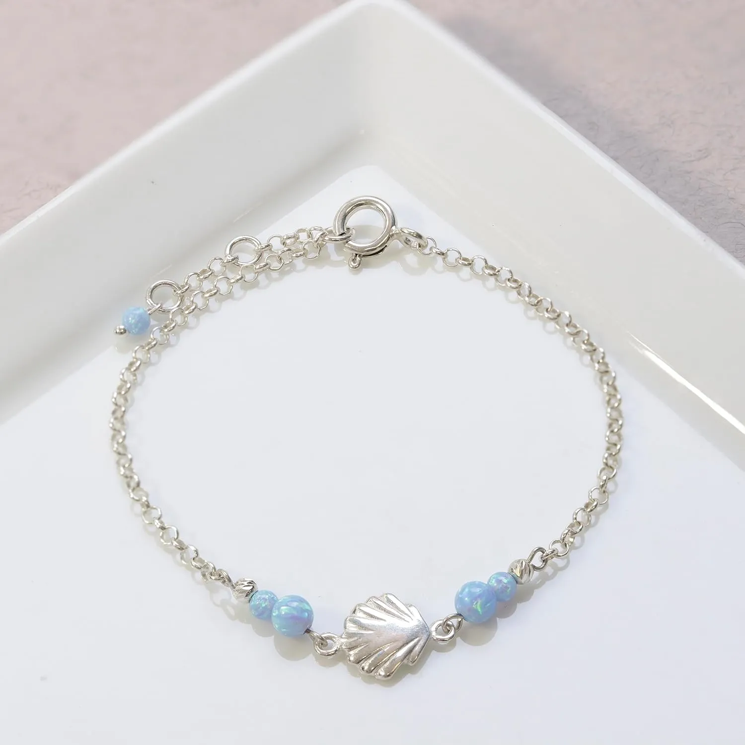 925 Sterling Silver Blue Opal Bracelets for Women - 3mm Round Beads with Sea Shell Sterling Silver Charm, Adjustable Chain 16-18cm Length - Silver Bracelets for Women - Blue Opal Jewelry Gift