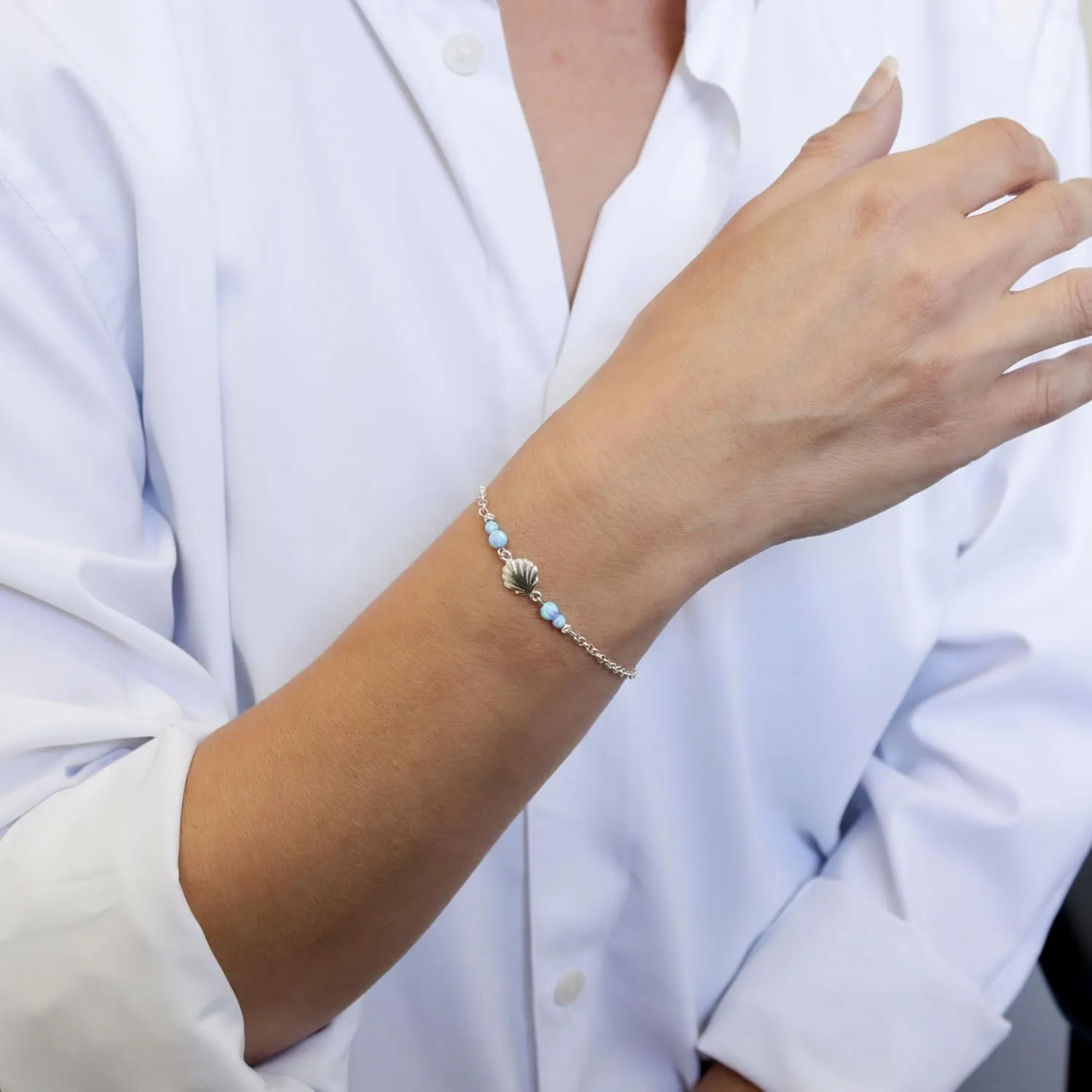 925 Sterling Silver Blue Opal Bracelets for Women - 3mm Round Beads with Sea Shell Sterling Silver Charm, Adjustable Chain 16-18cm Length - Silver Bracelets for Women - Blue Opal Jewelry Gift