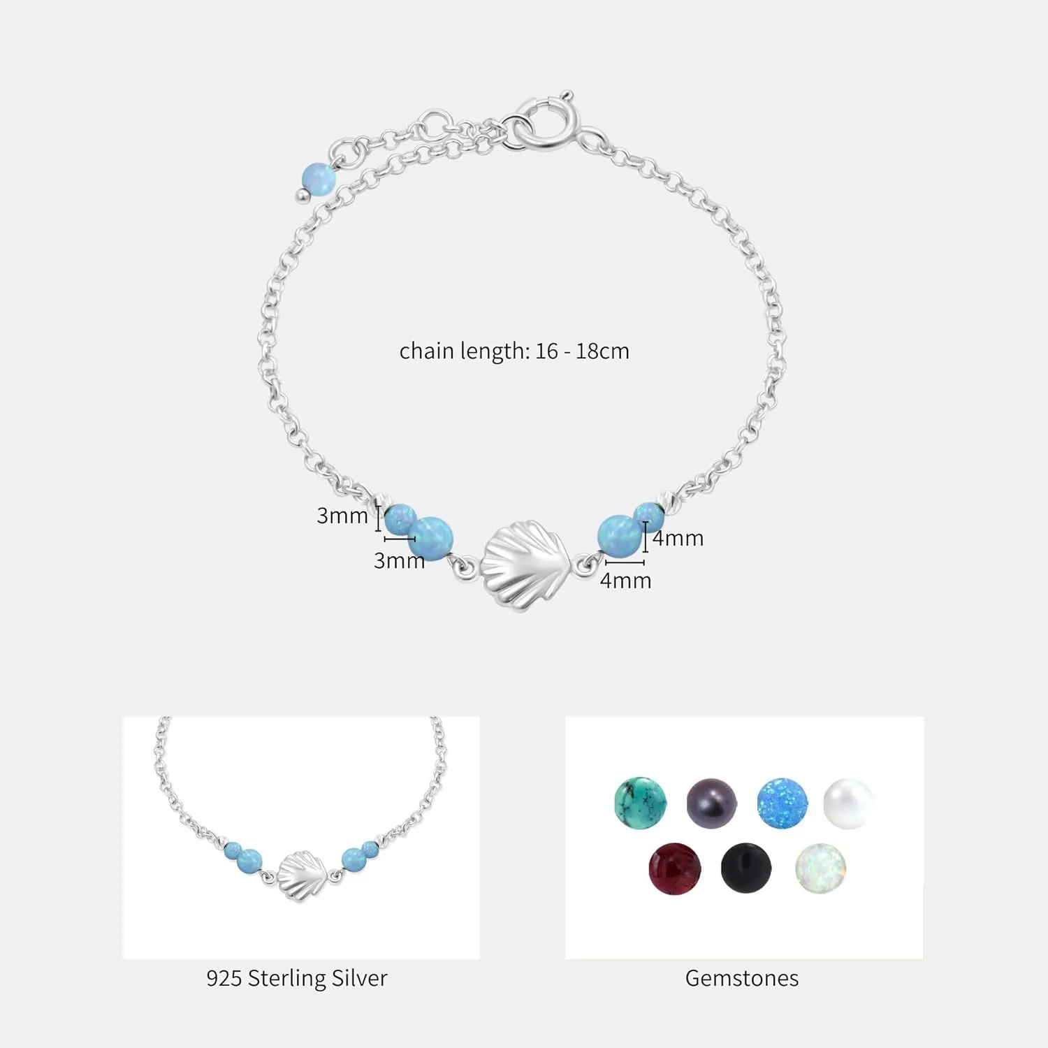 925 Sterling Silver Blue Opal Bracelets for Women - 3mm Round Beads with Sea Shell Sterling Silver Charm, Adjustable Chain 16-18cm Length - Silver Bracelets for Women - Blue Opal Jewelry Gift