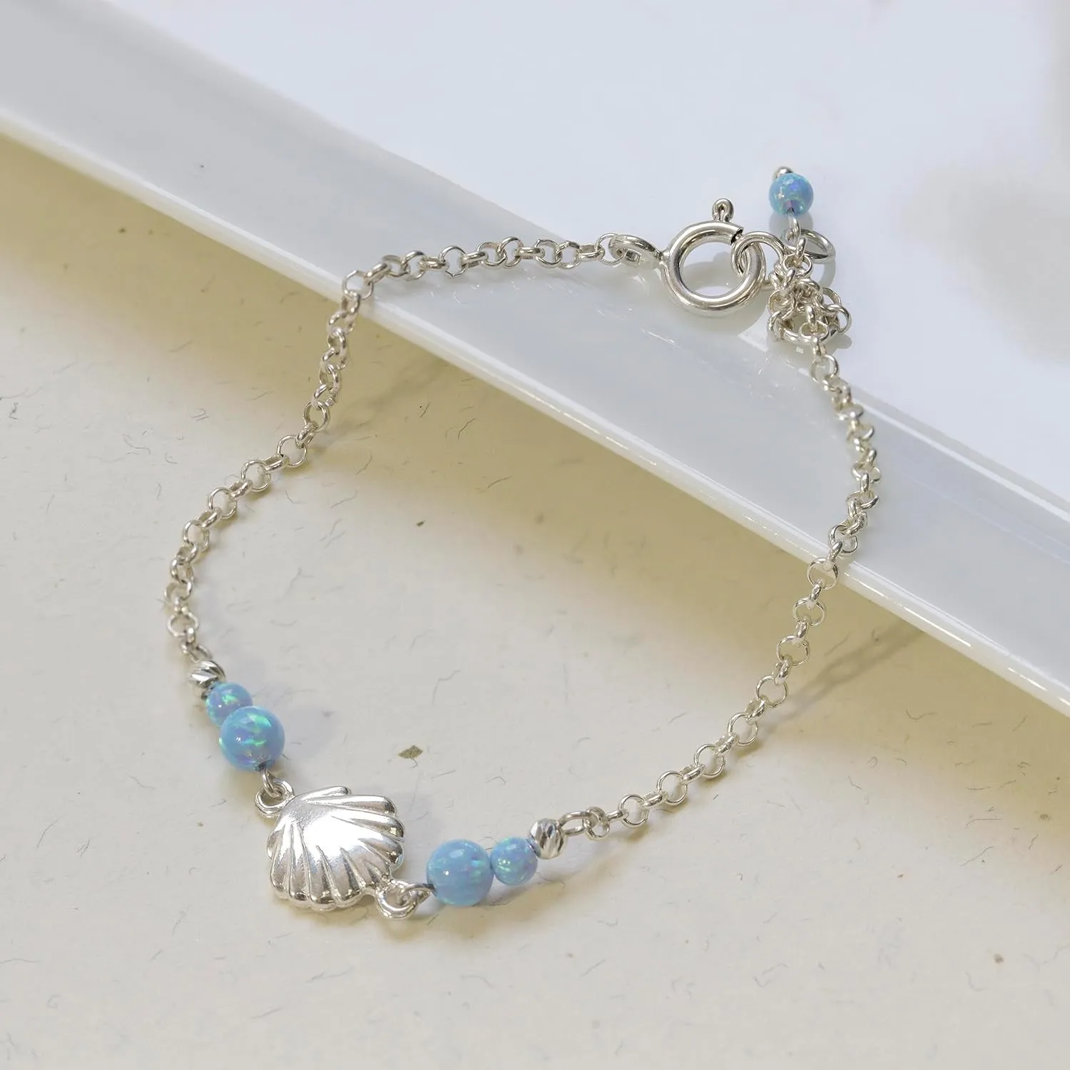 925 Sterling Silver Blue Opal Bracelets for Women - 3mm Round Beads with Sea Shell Sterling Silver Charm, Adjustable Chain 16-18cm Length - Silver Bracelets for Women - Blue Opal Jewelry Gift