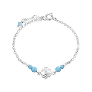 925 Sterling Silver Blue Opal Bracelets for Women - 3mm Round Beads with Sea Shell Sterling Silver Charm, Adjustable Chain 16-18cm Length - Silver Bracelets for Women - Blue Opal Jewelry Gift