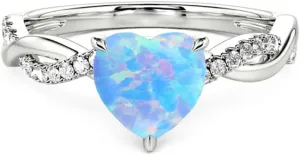 925 Sterling Silver Blue Opal Ring Heart Opal Engagement Rings for Women Opal Promise Ring Opal Gemstone Oval Sunburst Halo Ring for Women Birthstone Anniversary Ring Size 5 to 9