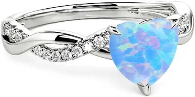 925 Sterling Silver Blue Opal Ring Heart Opal Engagement Rings for Women Opal Promise Ring Opal Gemstone Oval Sunburst Halo Ring for Women Birthstone Anniversary Ring Size 5 to 9