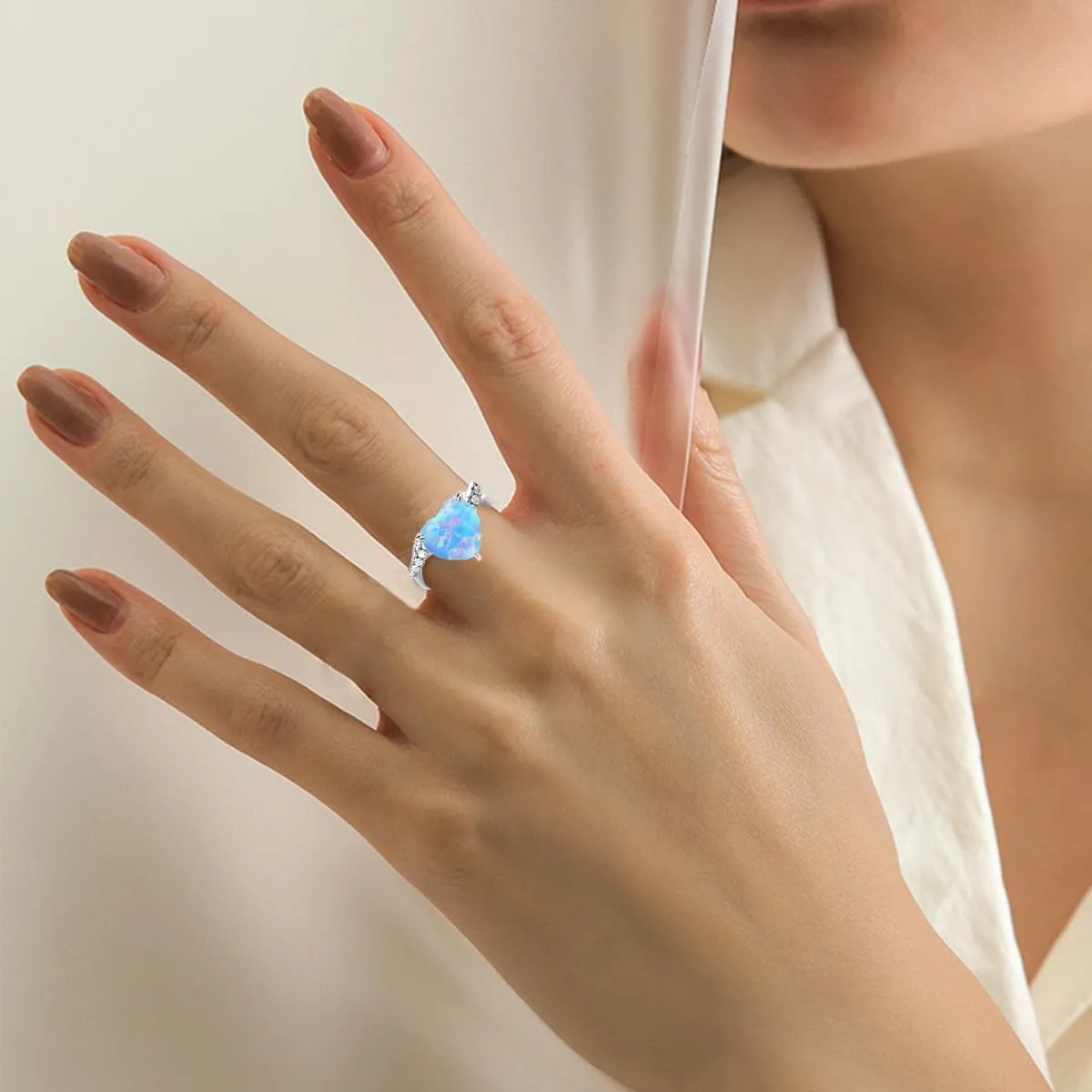 925 Sterling Silver Blue Opal Ring Heart Opal Engagement Rings for Women Opal Promise Ring Opal Gemstone Oval Sunburst Halo Ring for Women Birthstone Anniversary Ring Size 5 to 9