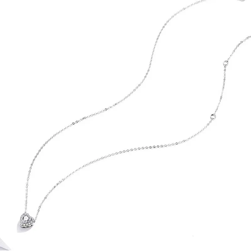 925 Sterling Silver Bright Love Necklace Chain Dazzling Shiny Heart Shape Crystal Charm Wedding Engagement Jewelry