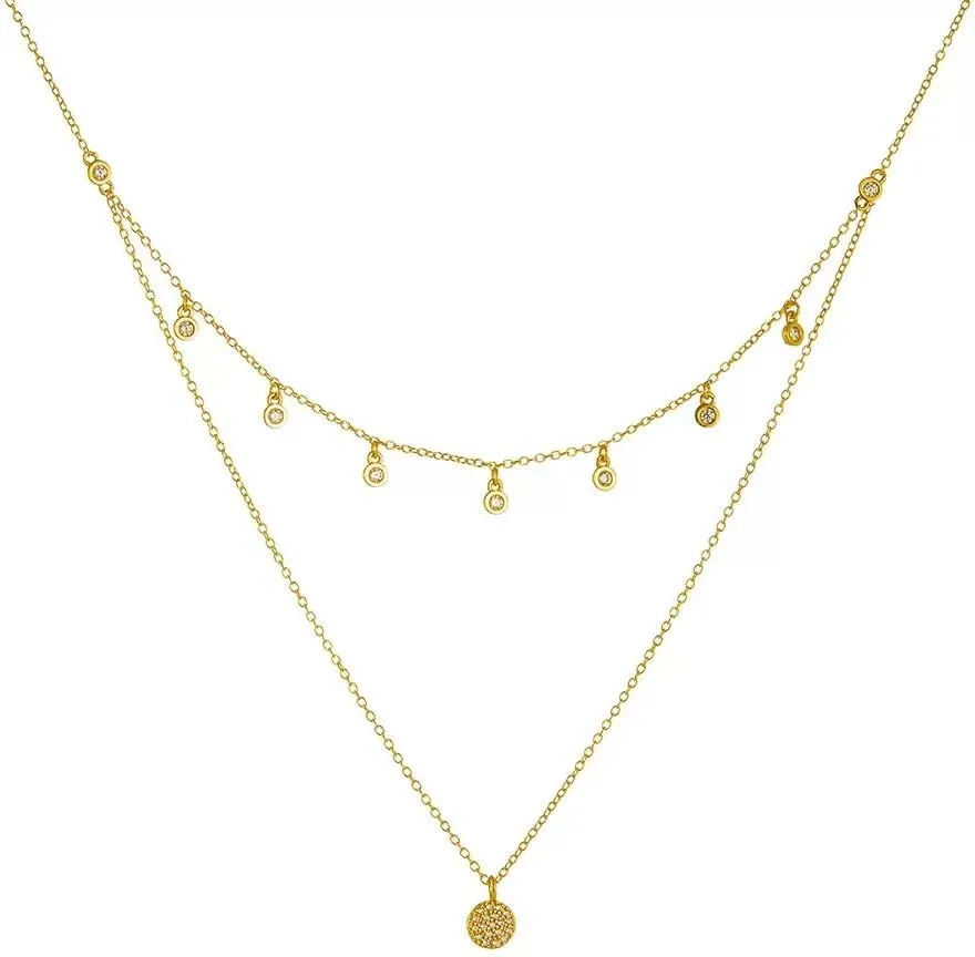 925 Sterling Silver Double Layer Necklace for Women - Polka Dot Zirconia Pendant Jewelry, Hypoallergenic Dainty Two-Tier Chain, Minimalist Everyday Elegance Gift for Her 45cm Cable Chain
