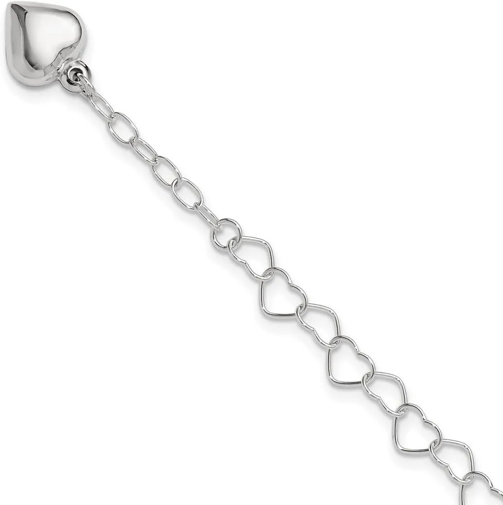 925 Sterling Silver Fancy Lobster Closure Polished Puffed Love Heart With 1inch Ext. Anklet - Jewelry Gift for Mom