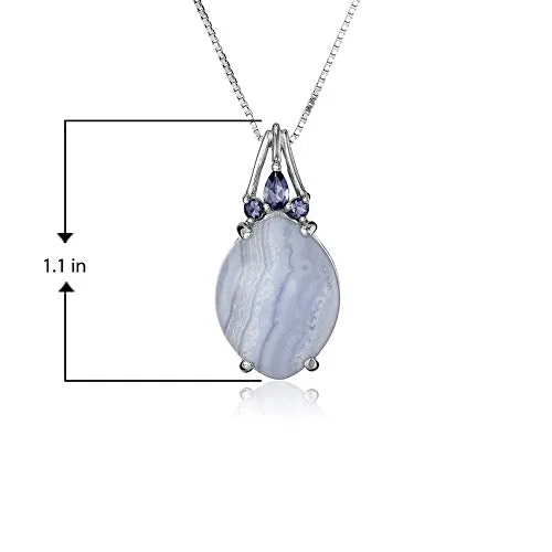 .925 Sterling Silver Genuine Blue Lace Agate and Iolite 1" Oval Pendant Necklace on 18" Box Chain
