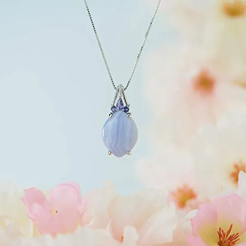 .925 Sterling Silver Genuine Blue Lace Agate and Iolite 1" Oval Pendant Necklace on 18" Box Chain