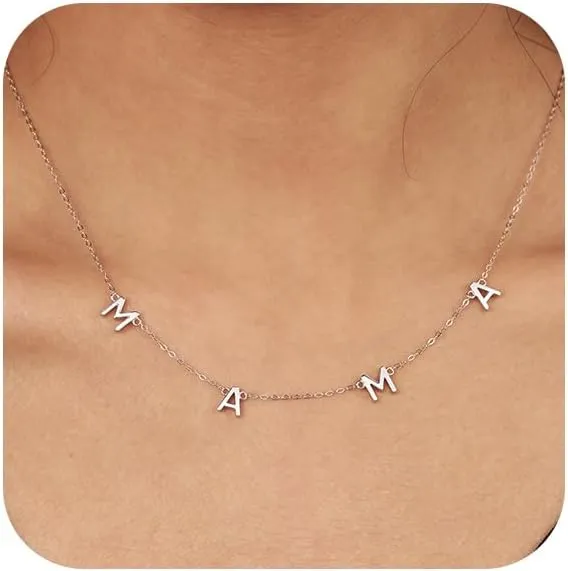 925 Sterling Silver Mama Necklace Gold Custom Letter Necklace for Mom Grandmom Dainty 14K Gold Plated Personalized Name Necklace Chains Mom Pandent Necklace for Women Birthday Jewelry Gifts
