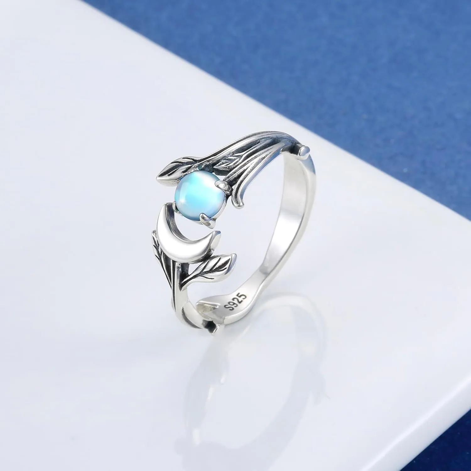 925 Sterling Silver Opal Turquoise Moonstone Moon Ring - Adjustable Vintage Crescent Moon Ring Fire Opal Planet Earth Jewelry for Women