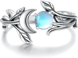 925 Sterling Silver Opal Turquoise Moonstone Moon Ring - Adjustable Vintage Crescent Moon Ring Fire Opal Planet Earth Jewelry for Women