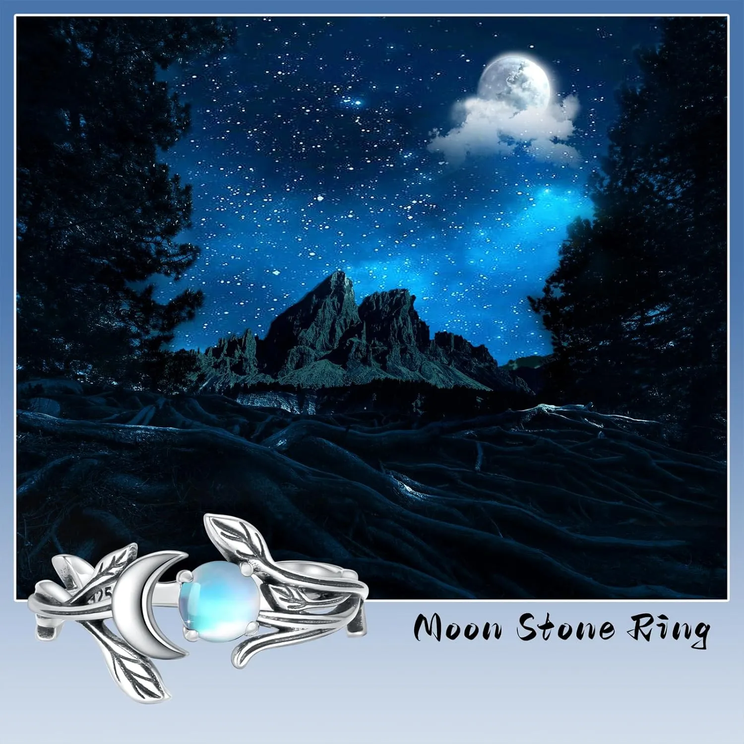 925 Sterling Silver Opal Turquoise Moonstone Moon Ring - Adjustable Vintage Crescent Moon Ring Fire Opal Planet Earth Jewelry for Women