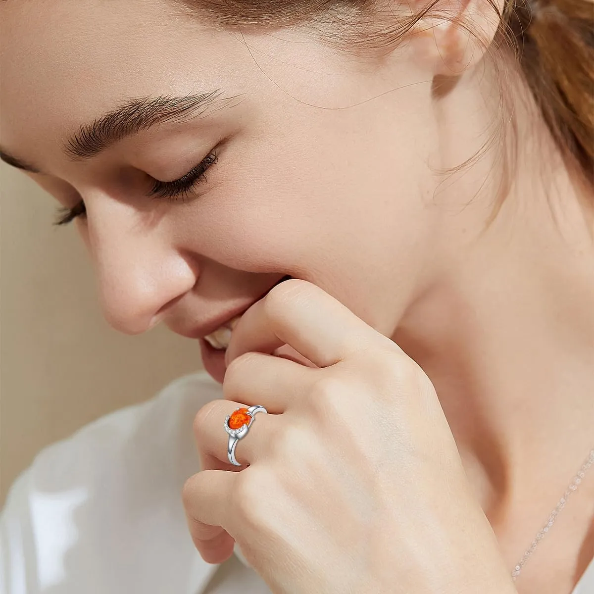 925 Sterling Silver Orange Opal Ring Oval Opal Engagement Rings for Women Opal Promise Ring Opal Gemstone Oval Sunburst Halo Ring for Women Birthstone Anniversary Ring Size 5 to 9