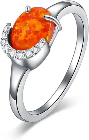 925 Sterling Silver Orange Opal Ring Oval Opal Engagement Rings for Women Opal Promise Ring Opal Gemstone Oval Sunburst Halo Ring for Women Birthstone Anniversary Ring Size 5 to 9