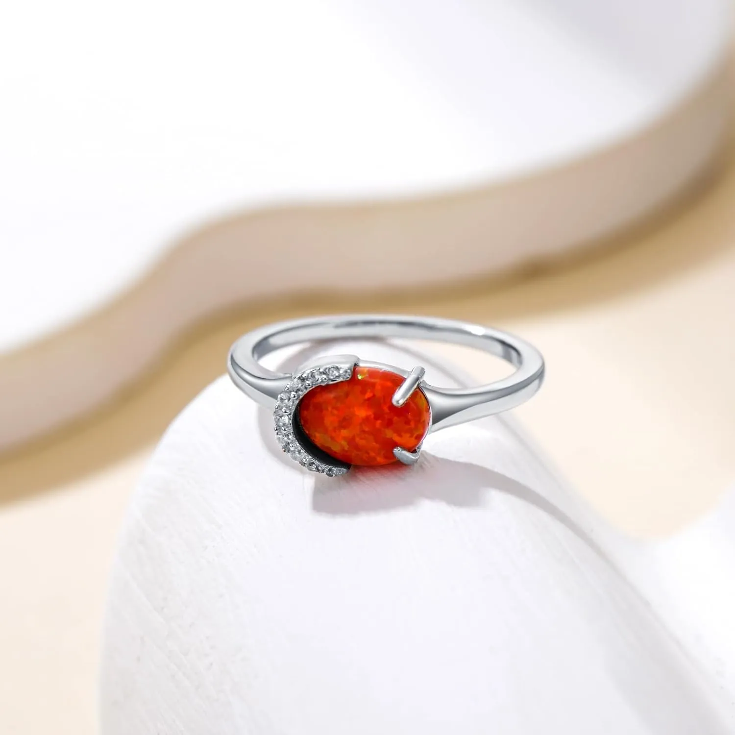 925 Sterling Silver Orange Opal Ring Oval Opal Engagement Rings for Women Opal Promise Ring Opal Gemstone Oval Sunburst Halo Ring for Women Birthstone Anniversary Ring Size 5 to 9
