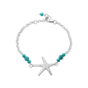 925 Sterling Silver Turquoise Bracelet - 3mm Turquoise Round Beads with Sea Star Silver Charm - 16-18cm Length - December Birthstone Turquoise Jewelry for Women - Perfect for Gifting